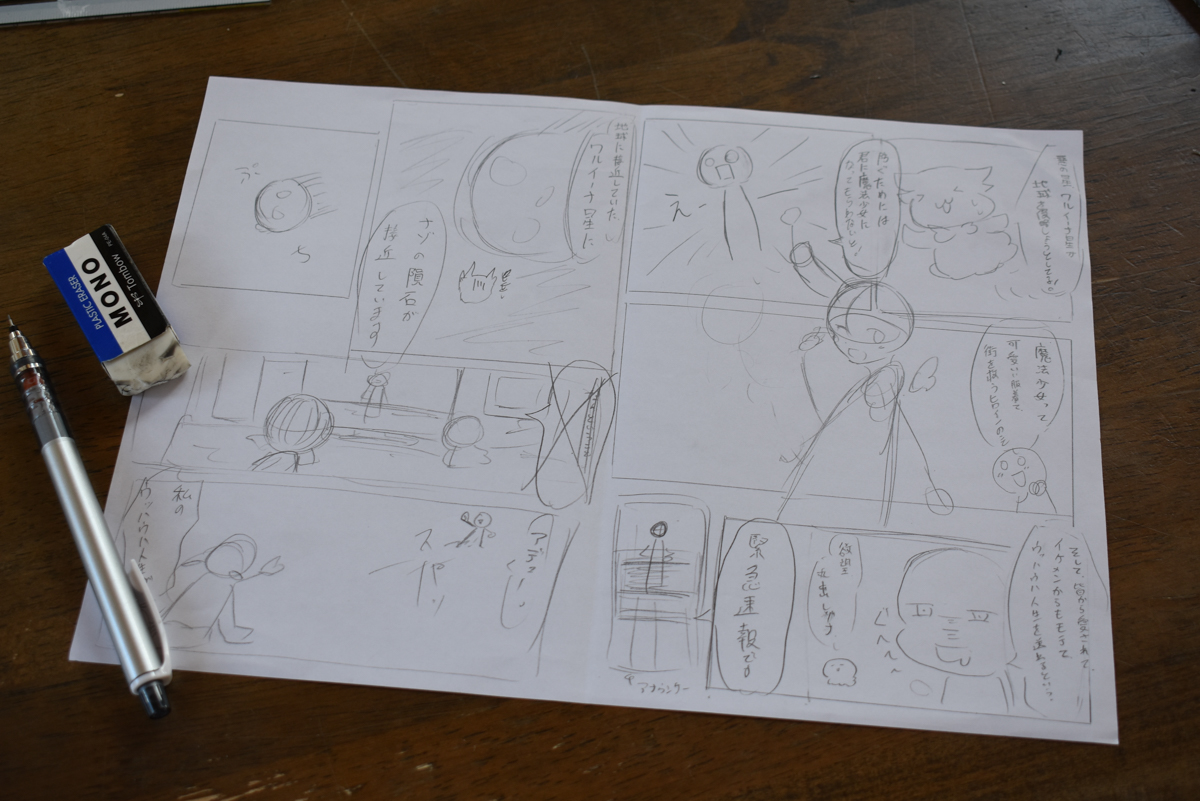 Rough pencil comic page on a desk with multiple panels and handwritten speech bubbles; an eraser and a pen sit beside it.